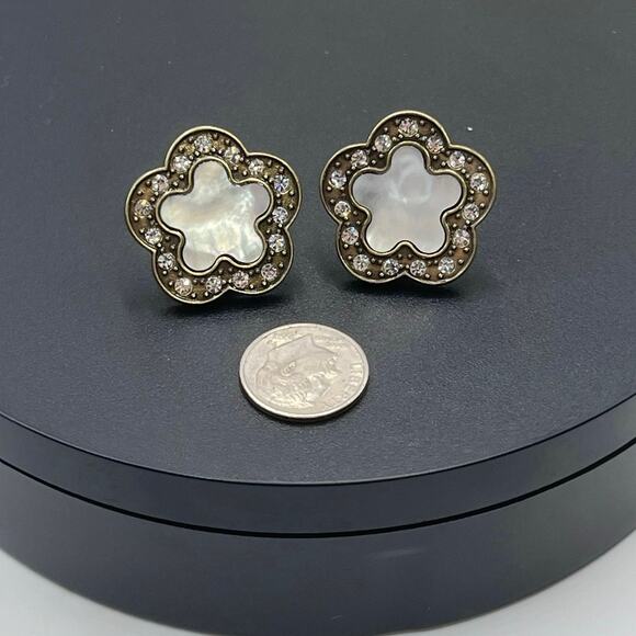 Heidi Daus‎ Vintage Omega Clip Mother of Pearl Pierced Halo Clover Earrings - Picture 4 of 8